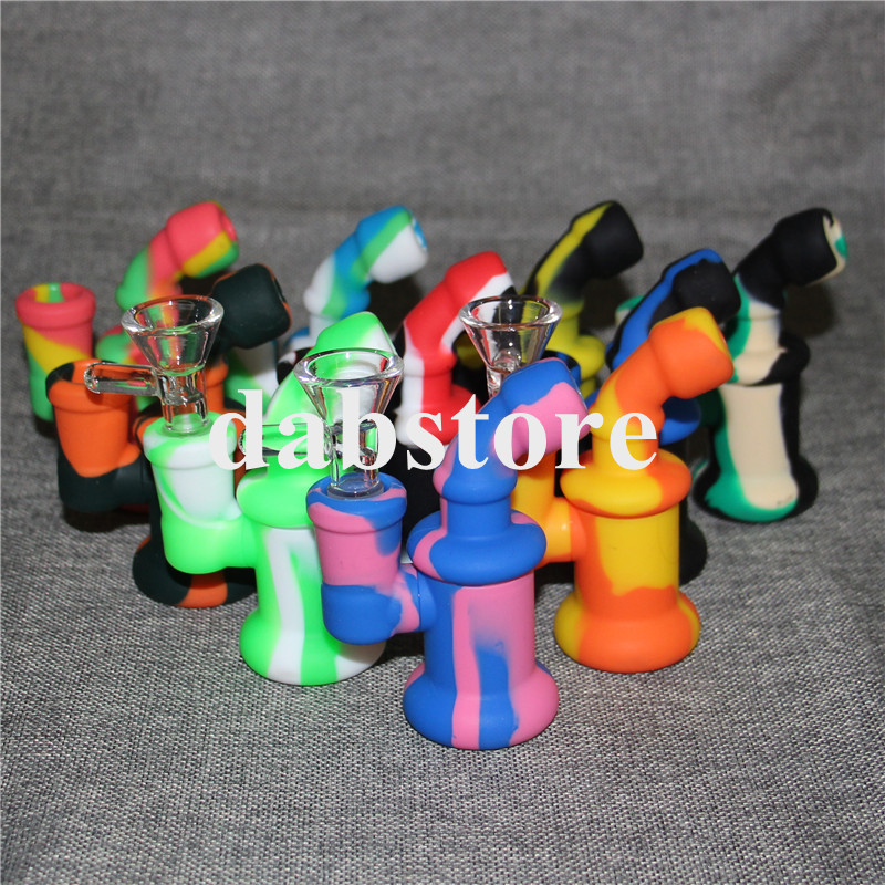 

14mm Female Mini Silicone Oil Rigs Bongs Water Pipes with a filtering system Silicone smoking Bong Pipes Oil Rig with glass bowl