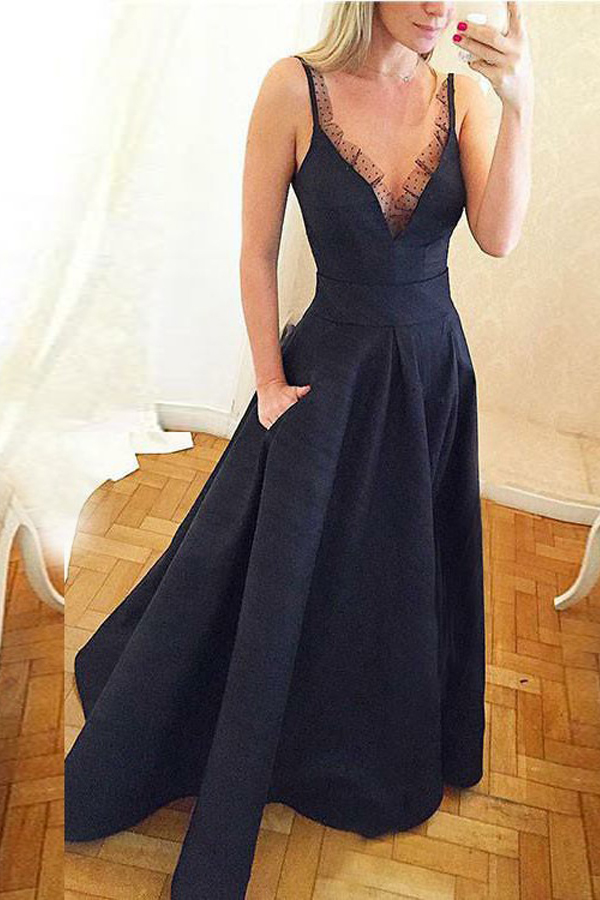 

Navy Blue Satin A-Line Formal Evening Dresses Spaghetti Straps Black Tulle with Dot Sexy Long Evening Gowns Prom Dress with Pockets, Lavender