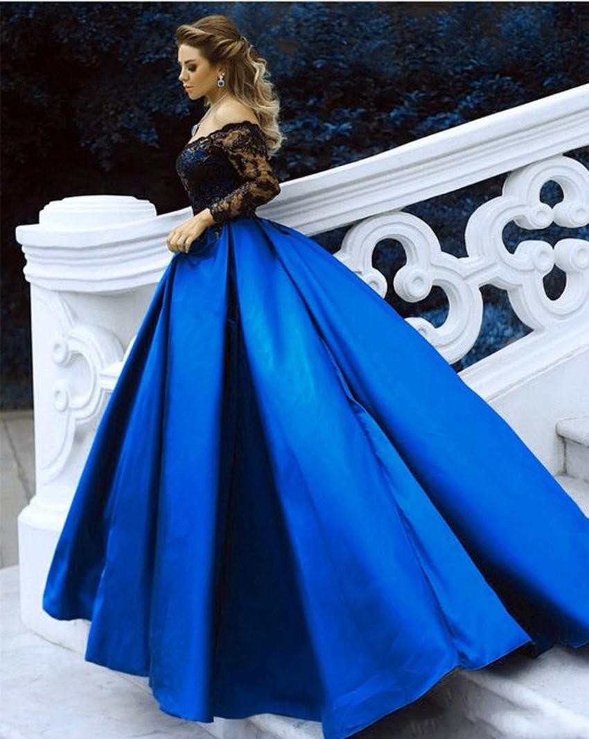 

2019 Green Blue Ball Gown Evening Dresses Off Shoulder Long Sleeves Sequins Black Lace Appliques Satin Plus Size Prom Gowns Party Dresses, Same as image green