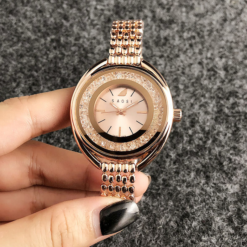 

Fashion swan style Brand Quartz wrist Watches for women girl with crystal dial metal steel band SW04, Slivery;brown