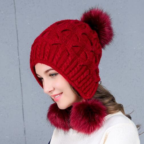 

Women's Fur Ear Muffs Poms Beanies Knit Ball Warm Hats Winter Cap for Female Girl 's Wool Hat Knitted Beanie Thick Sweater Cap JN, Grey