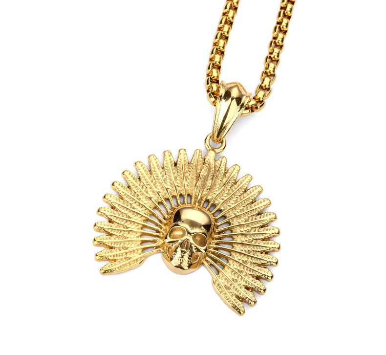 

Hip Hop Stainless Steel Jewelry Skull Head With Feather Pendant 60cm Chain Punk Necklace Mens Fashion Accessories