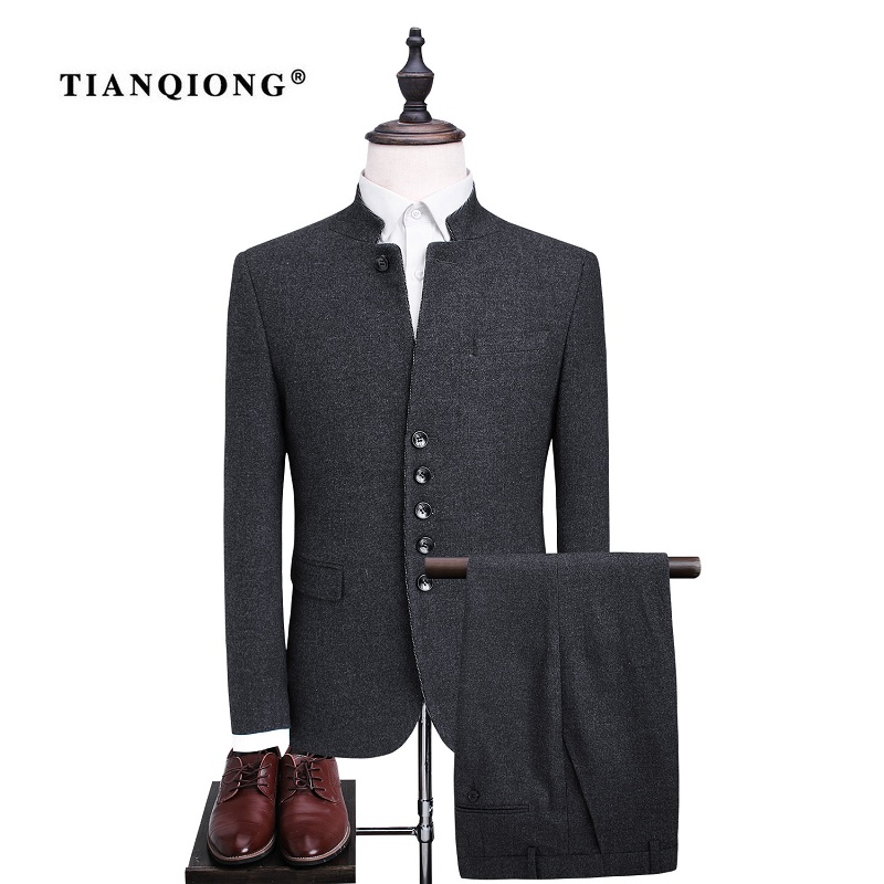

TIAN QIONG Men's Single Breasted Wool Suit Sets Fashion Chinese Tunic Suit Men Slim Fit Formal Black Blazers Jacket and Trousers