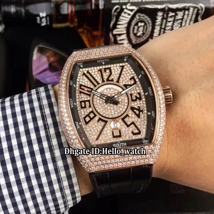 

New Vanguard Date V45 SC DT 4813 Automatic Gold Diamond Dial Mens Watch Rose Gold Diamond Case Leather Strap Gents Watches, Fm-41f