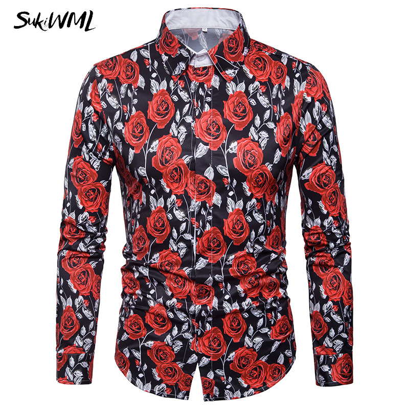 

SUKIWML Rose Dress Shirt Men 2018 New Chemise Homme Slim Fit Men Shirt Long Sleeve Casual Party Slim Fit Casual M-3XL, Red