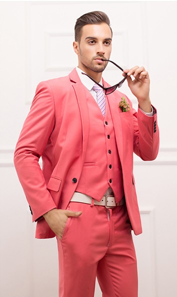 Watermelon Red Three Piece Groom Tuxedos Notch Lapel Center Vent Man Wedding Suit Men Business Dinner Prom Blazer(Jacket+Pants+Tie+Vest)427