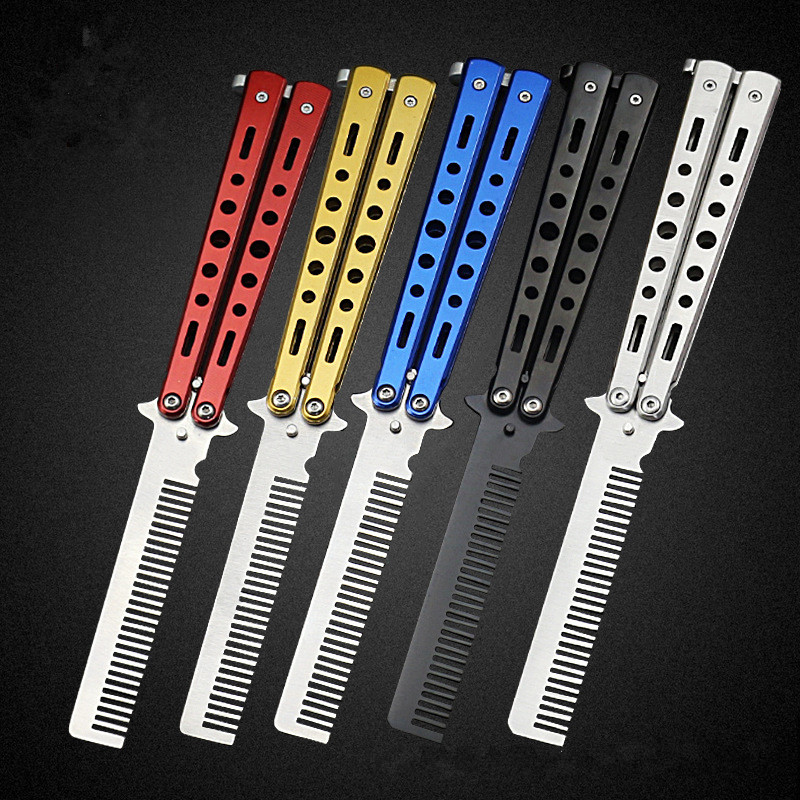 Professional Salon Butterfly Folding Combs Knife Hair Styling Stainless Steel Practice Training Style Barbershop beard comb-image-426245962