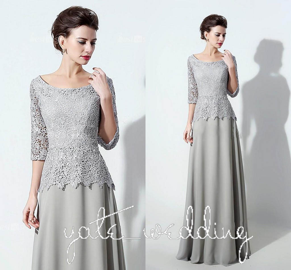 

Silver Lace Mother Of The Bride Dresses Scoop Neck Half Sleeves Chiffon Floor Length Elegant Mother Of The Groom Dresses Wedding Guest Dress