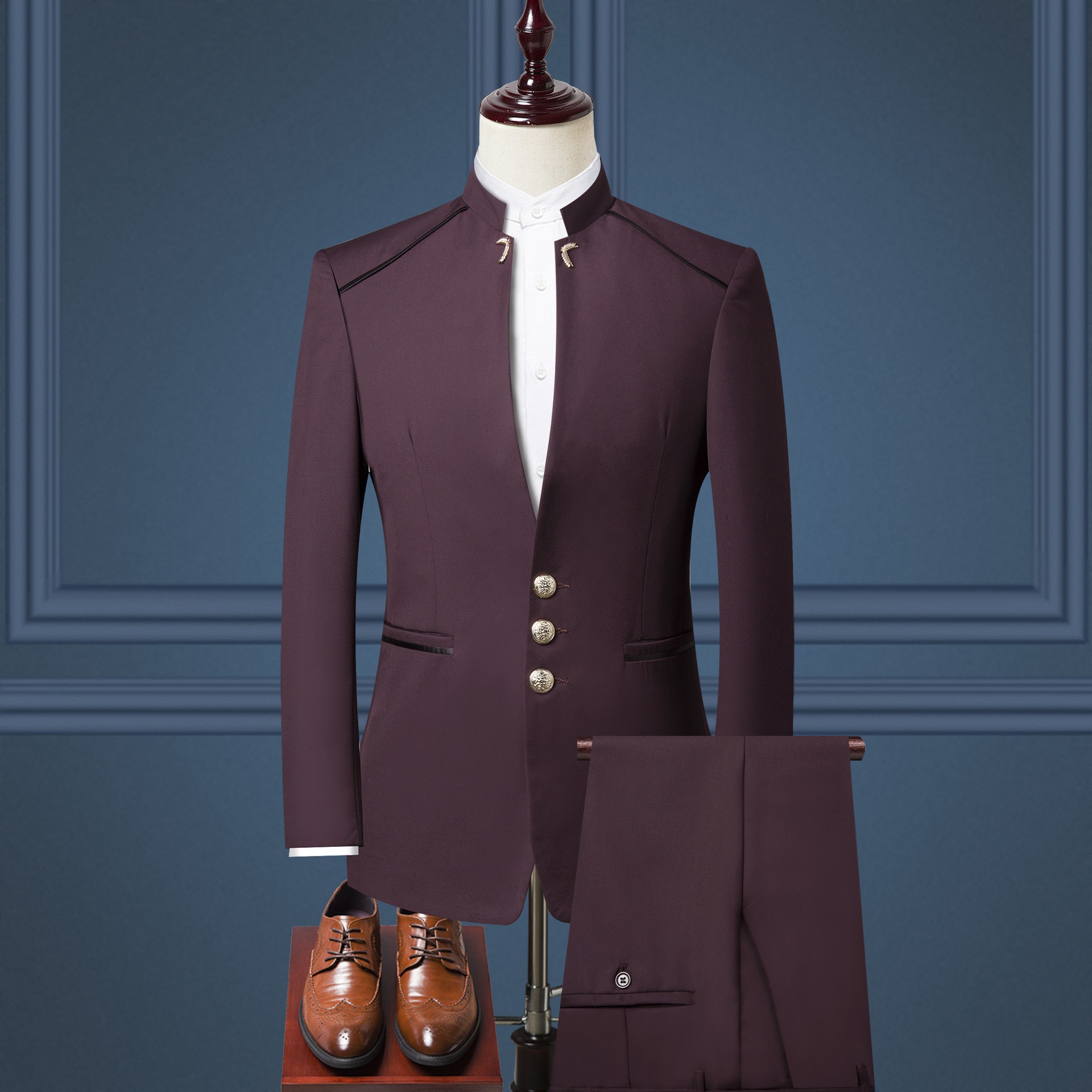 Men's Chinese stand collar suit three-piece suit (jacket + pants + vest) men's business formal suit wedding groom groomsmen dress