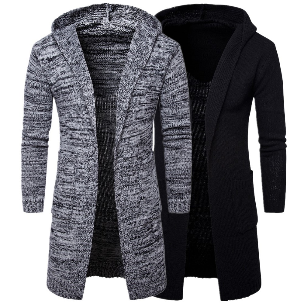 Autumn winter men thick hooded long knitted cardigan sweater mens punk hip hop knitwear warm cardigan pull homme