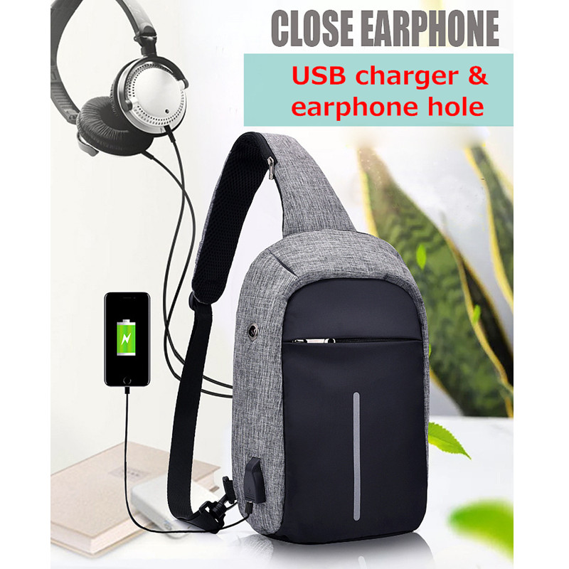 Mens externe USB Charge écouteurs trou toile sac à dos bandoulière sac à bandoulière poitrine sac femmes sac à dos sacoche