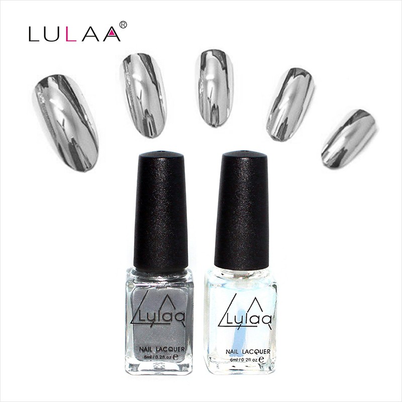 

Hot 2pcs 6ml Mirror Nail Polish Metallic Lacquer Silver Nail Mirror Effect Metal Gel Polish Base Top Coat Nails Art Tips, As pic
