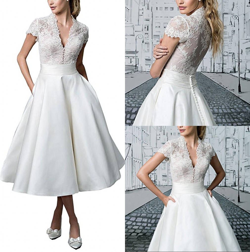 

Retro Lace Top A Line Short Wedding Dresses Deep V Neck Tea Length Bridal Gowns With Short Sleeve Stain Cotton Back Bride Dress, Champagne