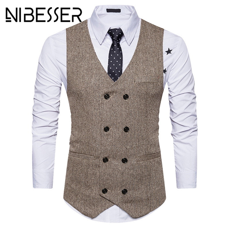 NIBESSER Business Vest Men Vintage Solid Slim Fit Vests&Waistcoats Casual Double Breasted Waistcoat Sleeveless Mens Formal Vest