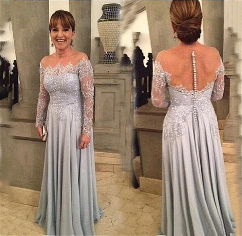 

Off-the-shoulder Silver Long Mother of the Bride Dresses Pleats Beaded A-Line Long Sleeve Lace Sheer Party Dress Wedding Guest Gowns M001