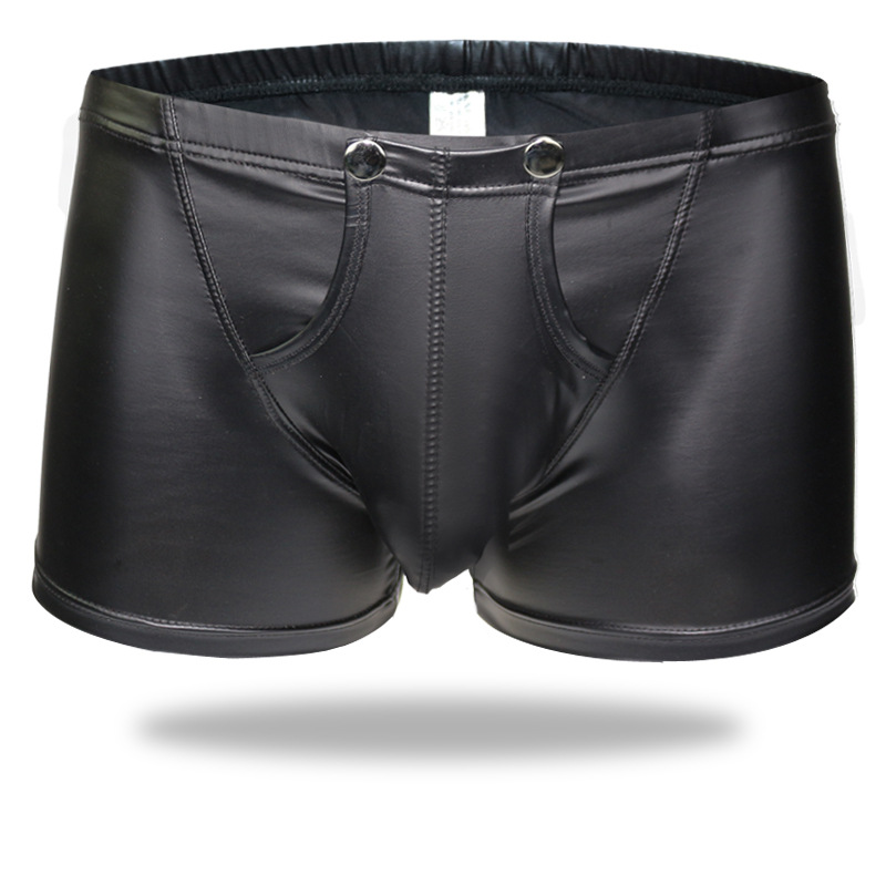 

2017 Hot Open Pouch Bag Sexy Men Faux Leather Boxer Shorts Black Underwear EroticBulge Enhancer Gay Man Underpants Jockstraps