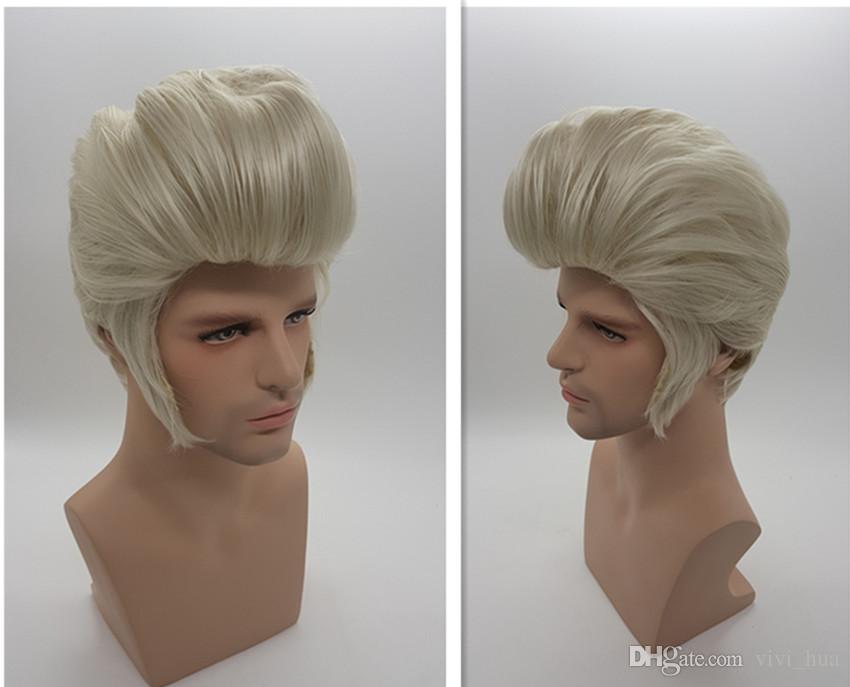 

XT861 White Silver Natural Synthetic Hair Elvis Presley Hairstyles Men Short Hair Wigs Cosplay Pelucas Perruque Men Peru Pruiken Peruk