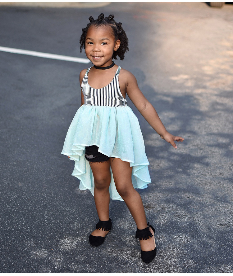 

2018 New Summer Baby Girls Vertical Striped Bow Wathet Blue Elegant Chiffon Vest Swallow Tail Tulle Lace Princess Dress Free Shipping Z11, As photo