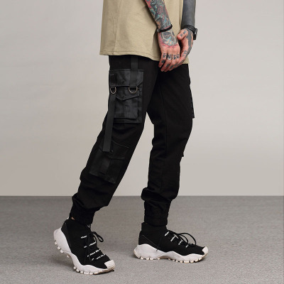 

New Fashion Brand Men Casual Pants Solid Cargo Male Patchwork With Pocket Ribbon Decoration Ankle-Tied Pants, Black
