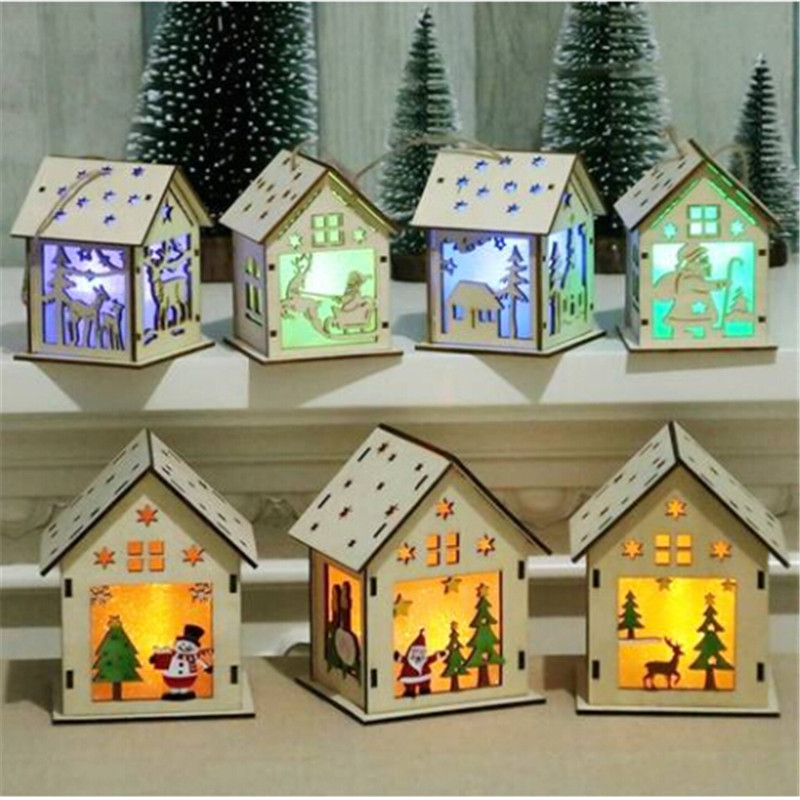 

2018 Wholesales Christmas Tree Hanging Ornaments Led Light Wood House Holiday Decor Xmas Gift