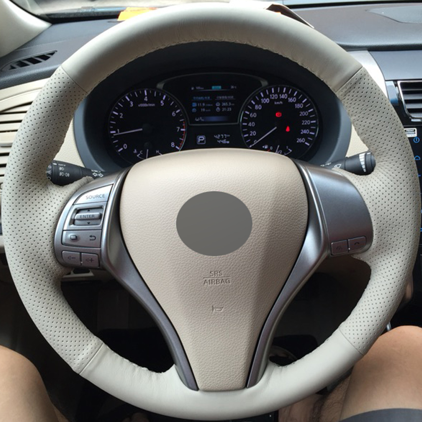 Beige Genuine Leather Hand-stitched Car Steering Wheel Cover for Nissan Teana Altima 2013-2016 X-Trail QASHQAI Rogue-image-430762630