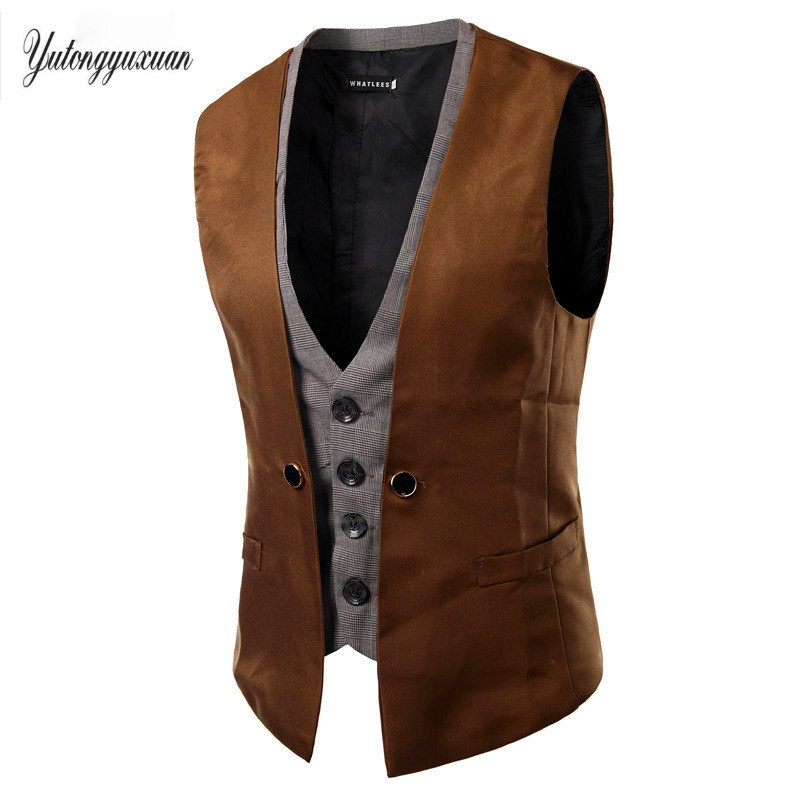 

Fashion Mens Vest False Two Pieces Waistcoat Gilet Sleeveless Slim Fit Jacket Single Breasted Casual Male Formal Business Suit, Black