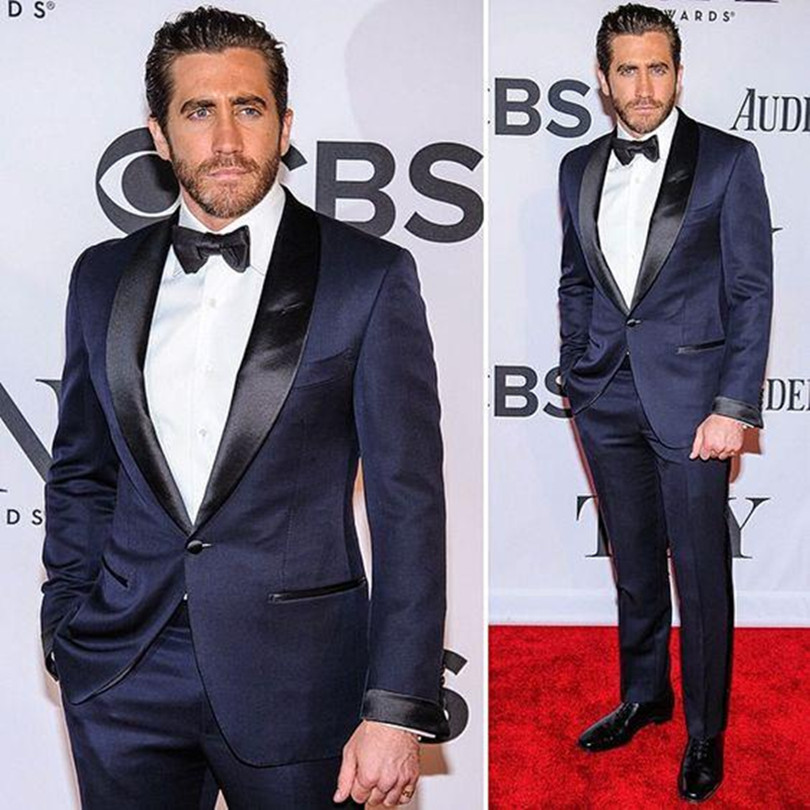 

2018 New Cheap Dark Navy Celebrity Men Suits For Wedding Custom Made Slim Fit Groomsmen Tuxedos Two Pieces Wedding Suit (Jacket+Pants+Tie), Yellow