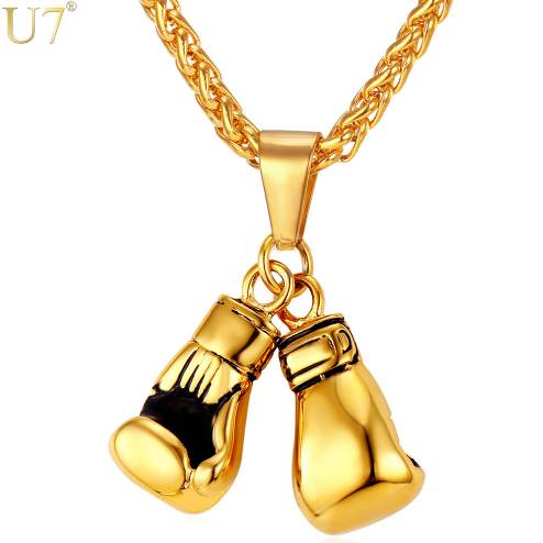 

U7 Men Necklace Gold Color Stainless Steel Chain Pair Boxing Glove Pendant Charm Fashion Sport Fitness Jewelry Dropshipping P856