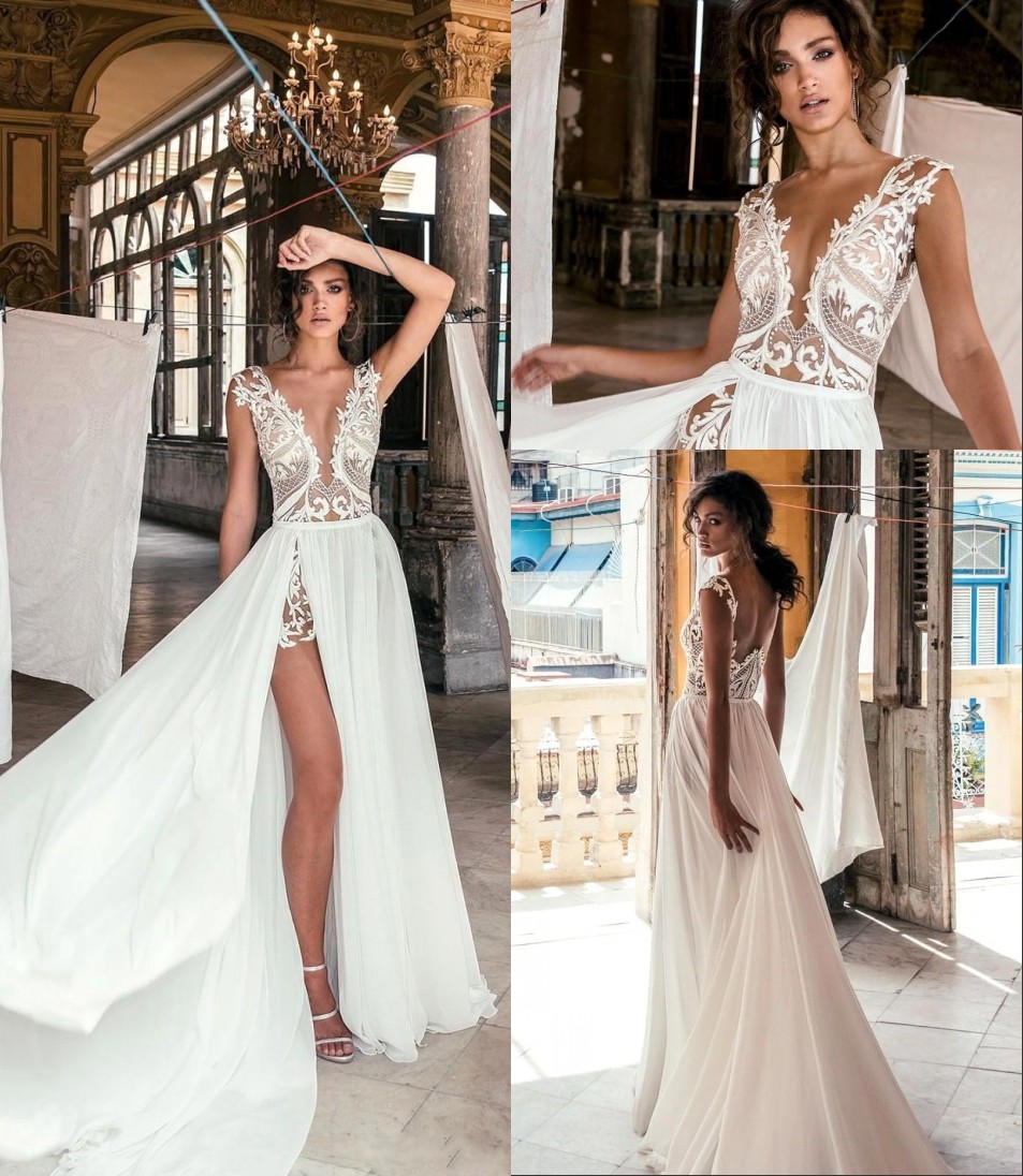 

New Lace Bohemian Beach Wedding Dresses Bridal Gowns Top Lace leeveless Chiffon A Line Cheap vestidos de novia High Slit BC0277, Gold