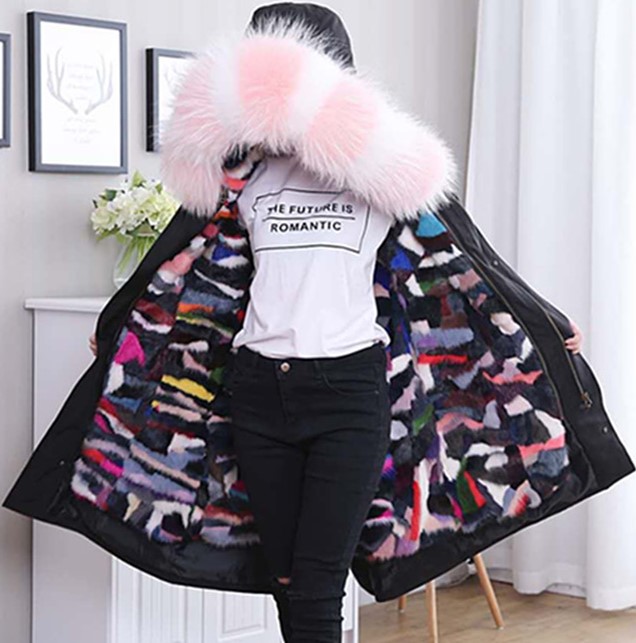 

pink white raccoon fur trim women snow coats X-Long style irregular Stitching multicolour mane fur lining black parkas, 110cm length