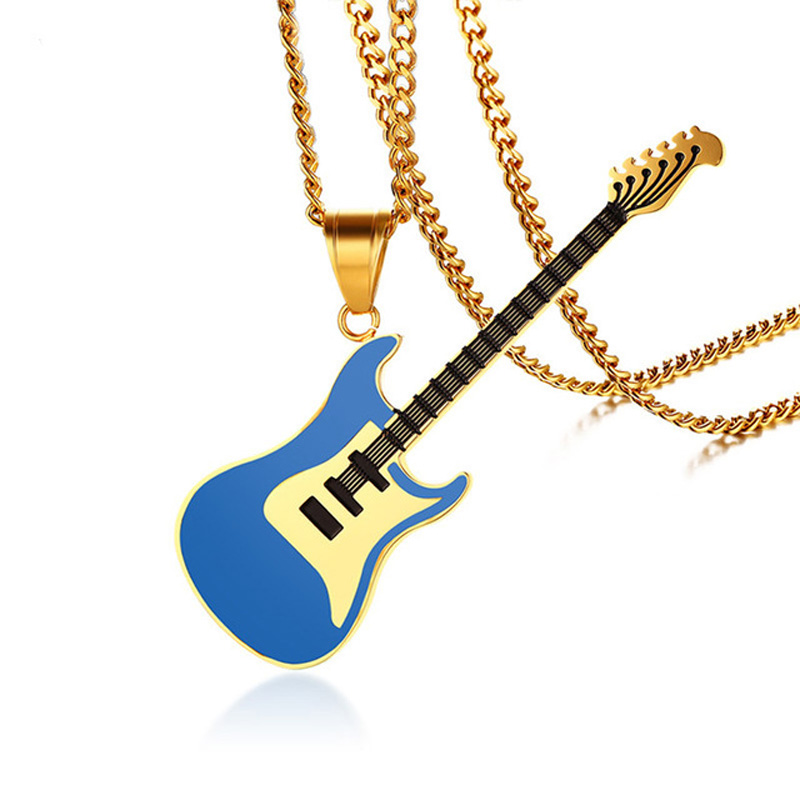 

Blue Guitar Pendant For Women Men Necklace Stainless Steel Music Lover Club Accessories Casual Punk Unisex Jewelry 24" Chain