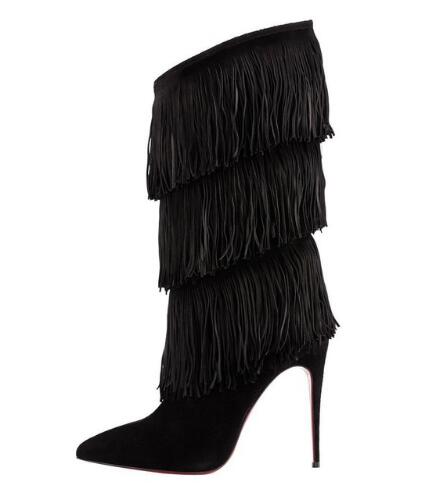 

Women Tassel Boots Brown Black Pointed Toe High Heel Fringe Mid Calf Boots Stiletto Sexy Winter Shoes Large Size Street Style