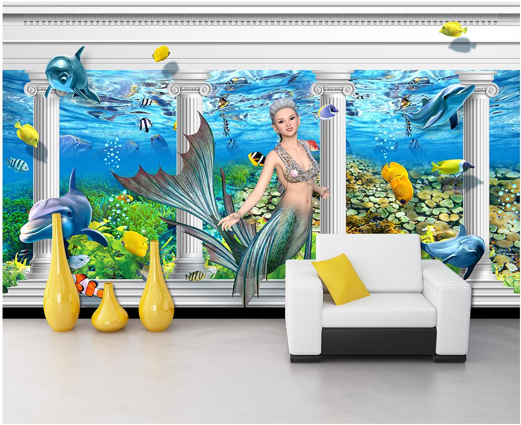 

3d room wallpaper custom photo mural Mermaid dolphin Roman column TV background wall home decor 3d wall murals wallpaper for walls 3 d, Silk