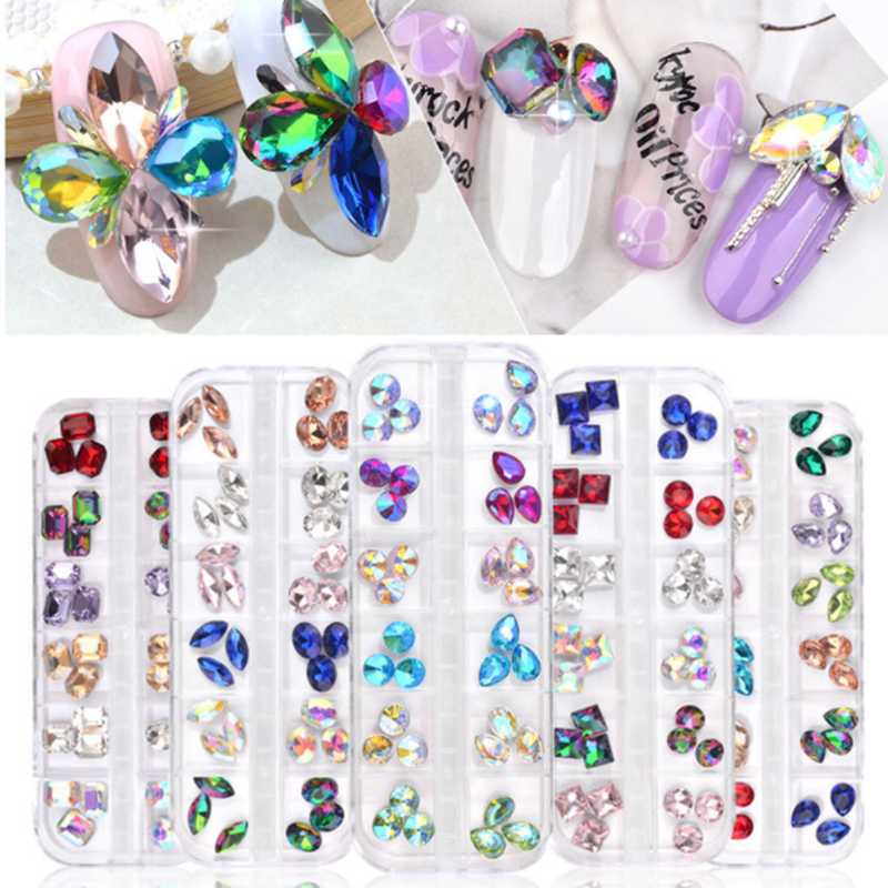 

1Box Colorful Nail Rhinestones Mixed Oval Waterdrop Round Chameleon AB Crystal Glass Gems Strass 3D Glitter Nail Art Decorations