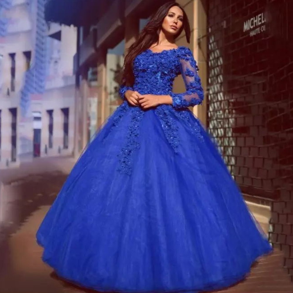 

Ravishing Long Sleeves Prom Dresses Royal Blue Floral Appliqued Tulle Ball Gown Party Dress 2018 New Arrival Fluffy Tutu Quinceanera Dresses, Pink