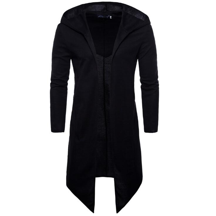 

Men Buttonless Hooded Trench Coat Spring Autumn Hoodies Fashion Long Fit Black For Overcoat