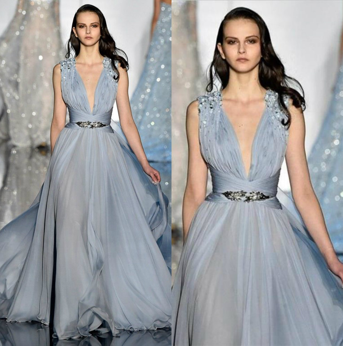 

New Fashion Zuhiar Murad Prom Dresses Sexy Deep V Neck With Designer Belt Sky Blue Beads Floor Length Red Carpet Evening Gowns, Light sky blue
