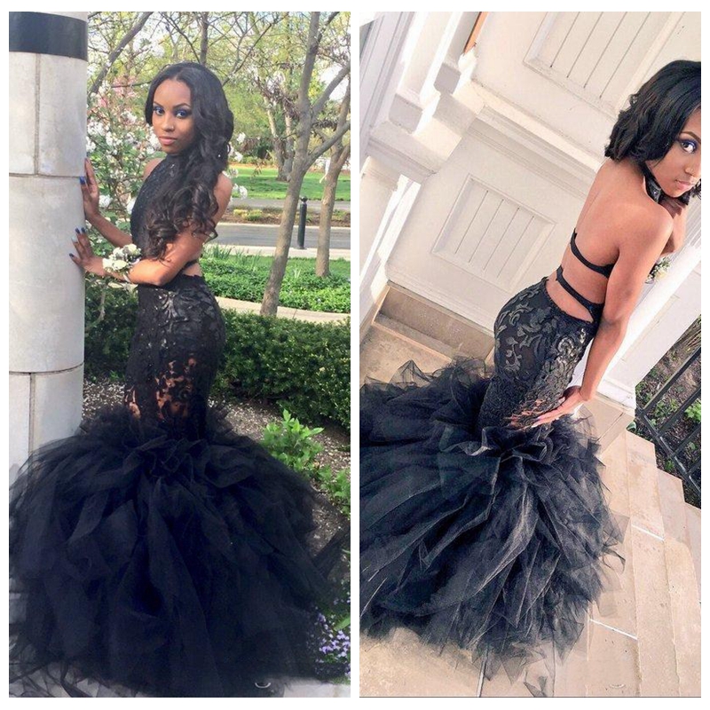 

2018 Sexy Slim Black Prom Dresses Lace Tulle Dubai Halter Neck Cutaway Side Backless Lace Bodice Mermaid Tiered Skirts Evening Party Gowns, Light sky blue