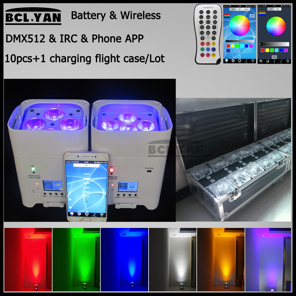 

10Xlot with good fly case remote control 4/6 leds 18w rgbwa uv wireless dmx led par lights wifi phone control uplights for wedding