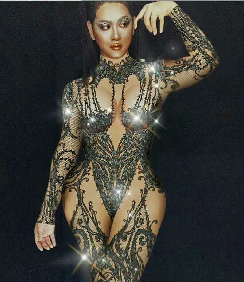 

DJ Songbird Sexy Black Nude Rhinestone Jumpsuit Sexy Nightclub Bar Wear Stones Bodysuit Leggings Prom Celebrate Outfit Performance Dress, As picture