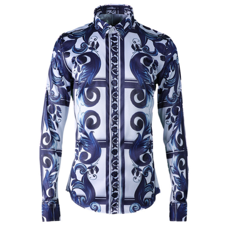 

2018 Autumn new style European and American brand of celadon long sleeved shirt hair stylist shirt, Blue