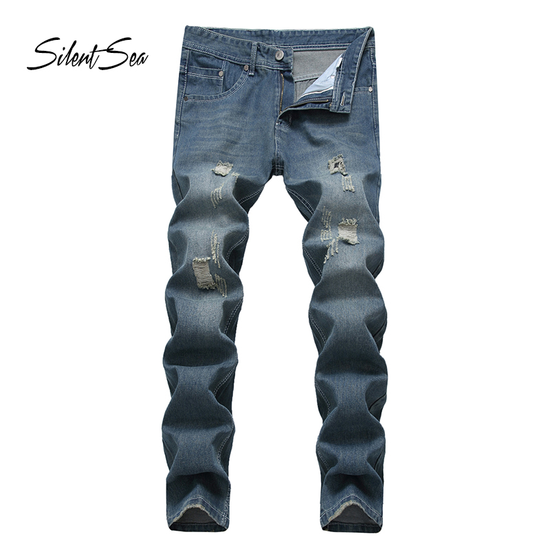 

Silentsea Men Jeans Straight Casual Scratched Slim Fit Male Jeans Man Stretch Denim Pants Trousers Classic Cowboy pants, Blue