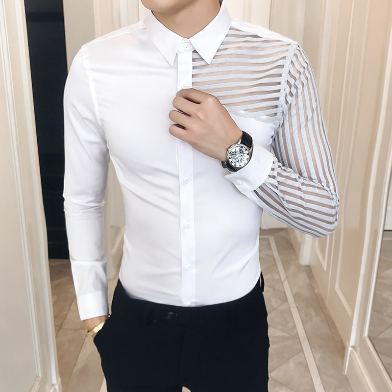 

Slim Fit Shirt Men Sexy Hollow Lace Patchwork Long Sleeve Prom Shirts Dress Tuxedo 3XL- Fashion Men Clothes Autumn New, White;black