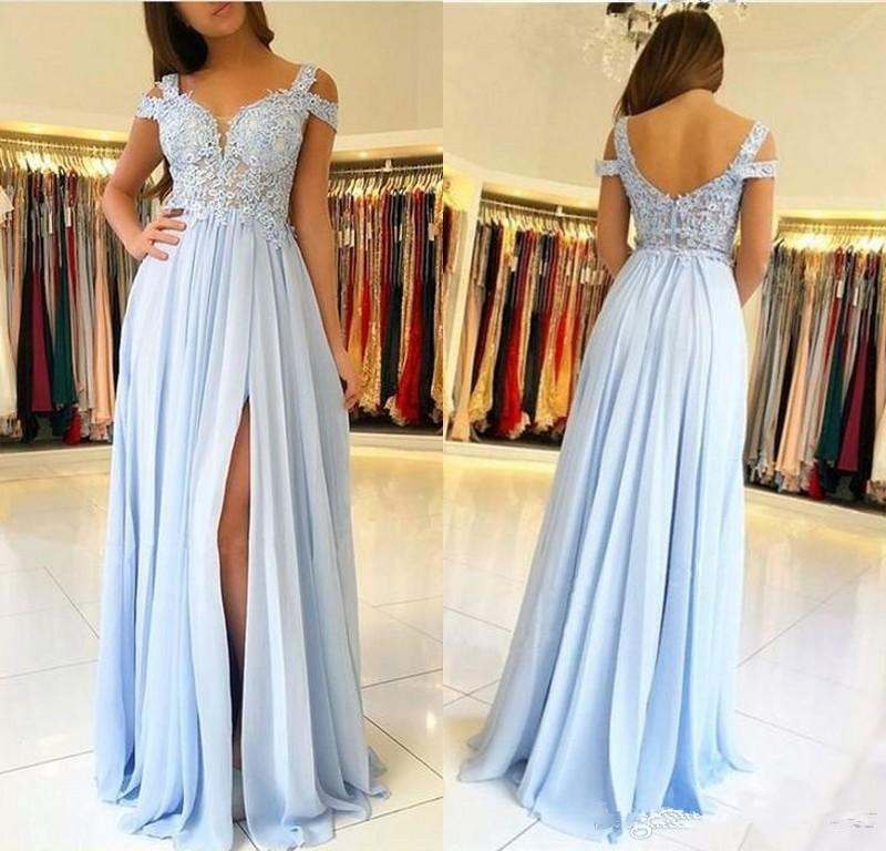 

Elegant Light Sky Blue Long Prom Dresses 2018 Off Shoulder Lace Appliques A Line Side Split Formal Evening Gowns Chiffon Party Wear, Silver