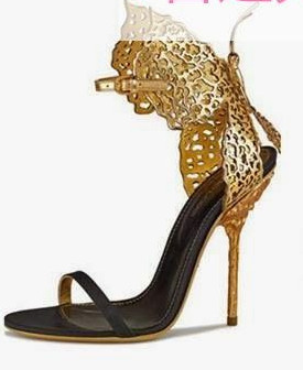 

Summer new butterfly gold thread empty stage toe strap first layer of leather shoes fashion personality female high-heeled sandals