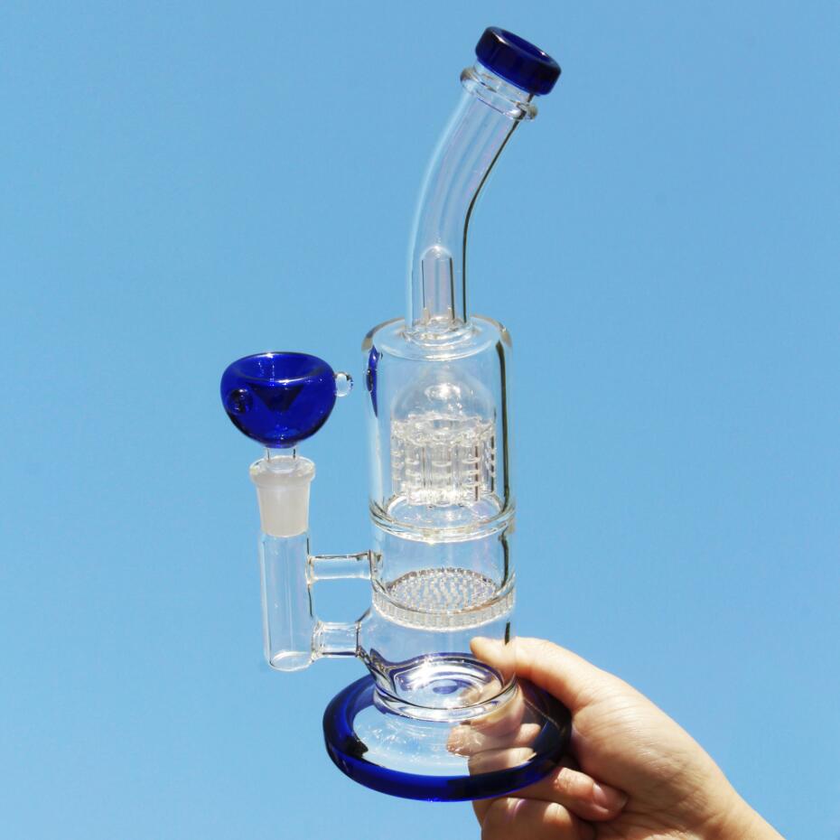 

Reanice 14.5 Height:25cm Recycler Blue Bongs Glass Water Pipes Dab Handmade Bent Neck Bong Water Cheap Pipes Honeycomb Bubbler