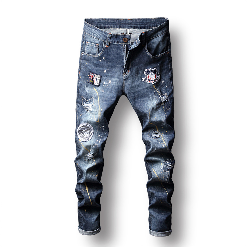 

2019 Men Painted jeans Printing Distressed Knees Holes Patches Denim Pants Casual Fashionable Pencil Pants Mid Waist Colorful Free Shipping, J-1635