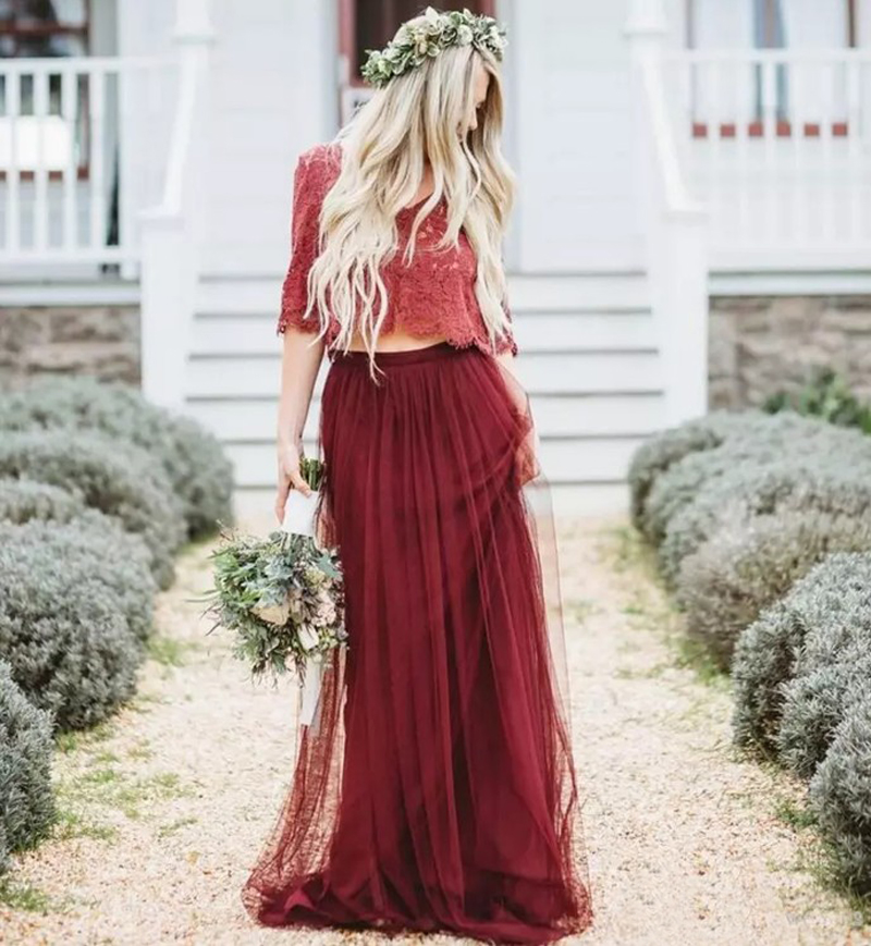 

2019 Bohemian Dark Red Wine Two Pieces Bridesmaid Dresses Long V Neck Half Sleeves Lace and Tulle Modern Wed Maid Of Honor Dresses