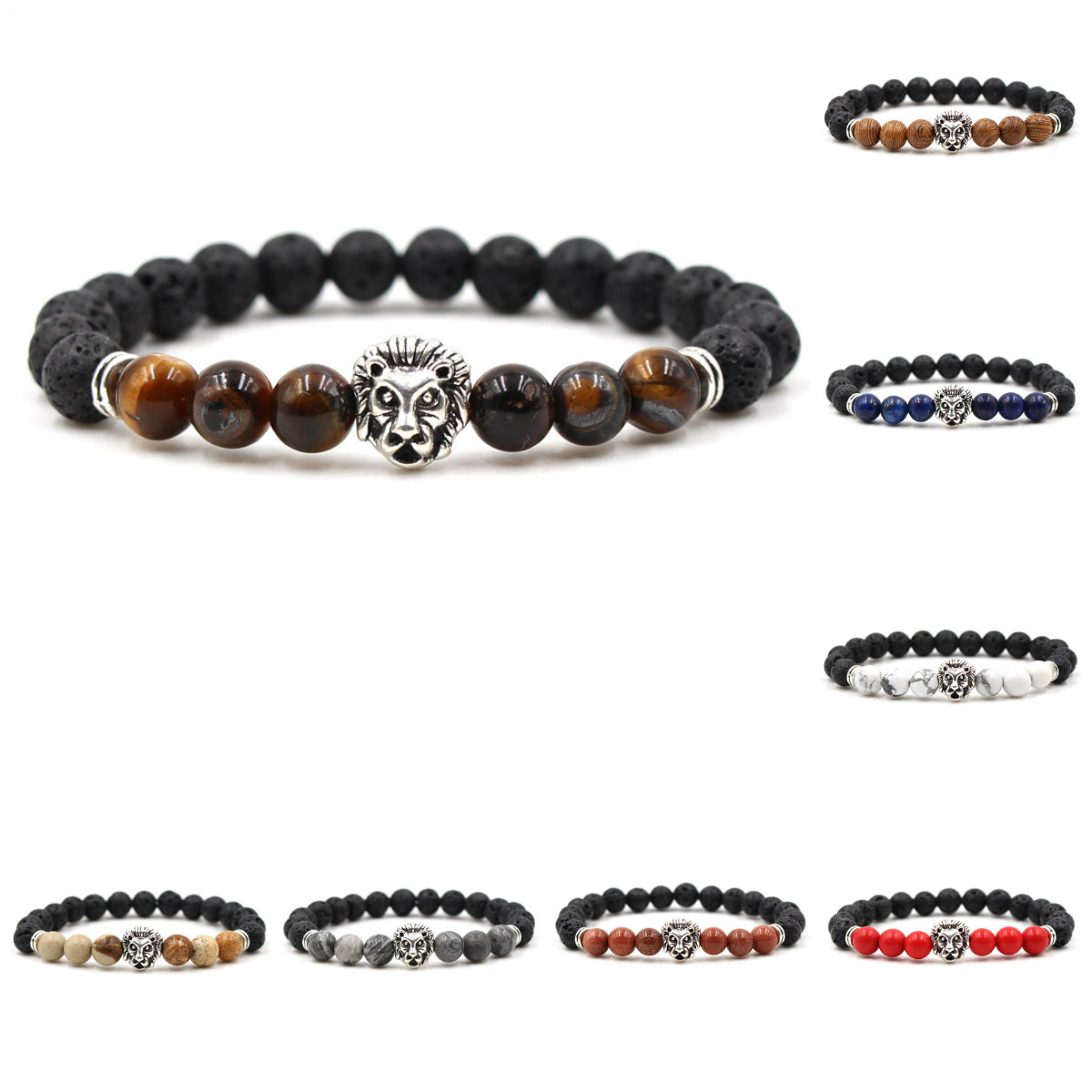 

Lava Stone Bracelet Lapis Lazuli Tiger Eye White Turquoise Agate Cinnabar Natural Stone Bead Bracelet Lion Head Charms Bracelets
