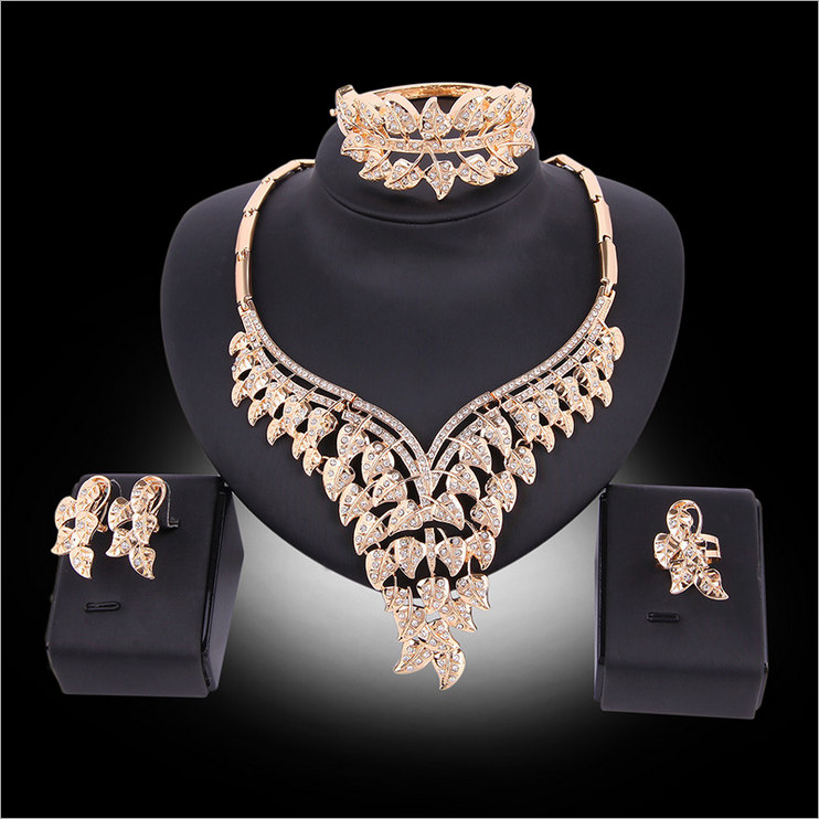 

Fashion Bridal Wedding Jewelry Set Luxury Rhinestone 18K Gold Plated Alloy Leaves Necklace Earrings Bracelet Ring 4-Piece Set